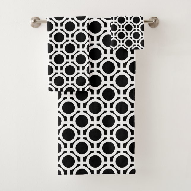 White Abstract Circles on Black Bath Towel Set (Insitu)