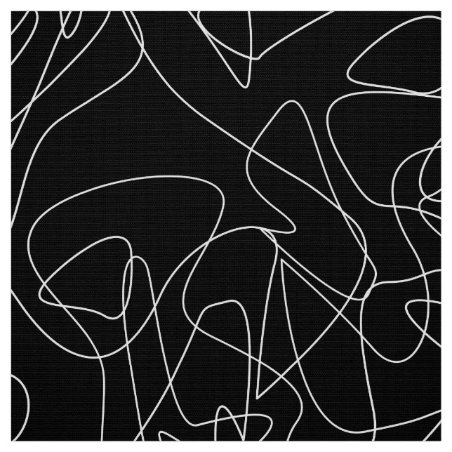 White abstract doodles on dark black background fabric (Swatch)