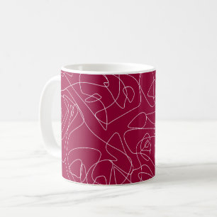White abstract doodles on dark red background coffee mug