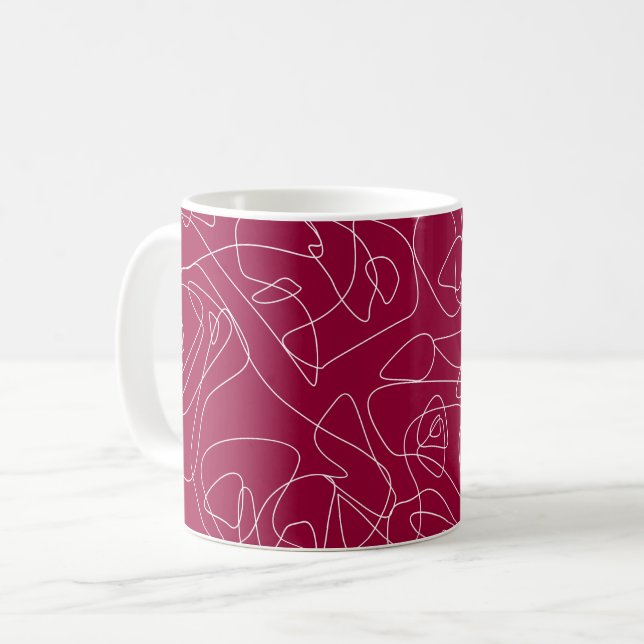 White abstract doodles on dark red background coffee mug (Front Left)