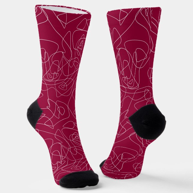 White abstract doodles on dark red background socks (Angled)