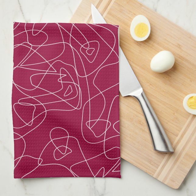 White abstract doodles on dark red background tea towel (Quarter Fold)