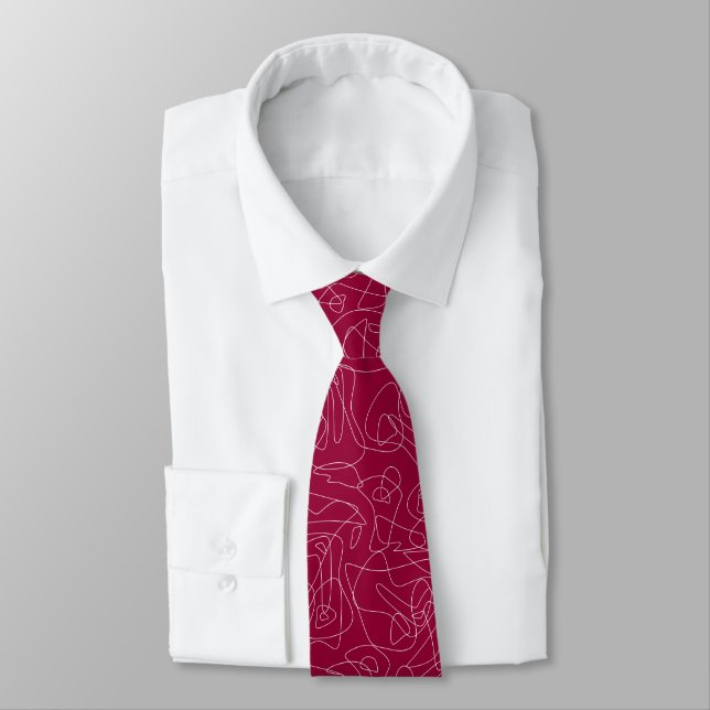 White abstract doodles on dark red background tie (Tied)