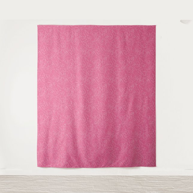 White abstract doodles on pink background tapestry (Front)