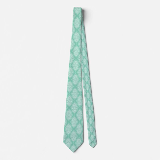 White Abstract Lace Teardrop On Mint-green Tie (Front)