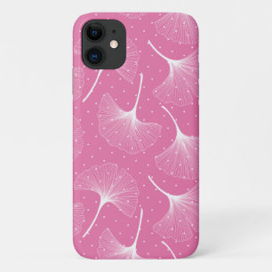White abstract leaves pattern on pink background iPhone 11 case