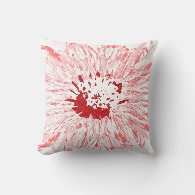 white Abstract Red and Pink African Daisy Flower Cushion (Front)