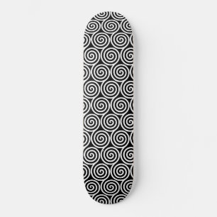 White Abstract Spiral Circles on Black Skateboard