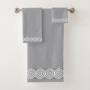 White Abstract Spiral Circles on Quick Silver Grey Bath Towel Set