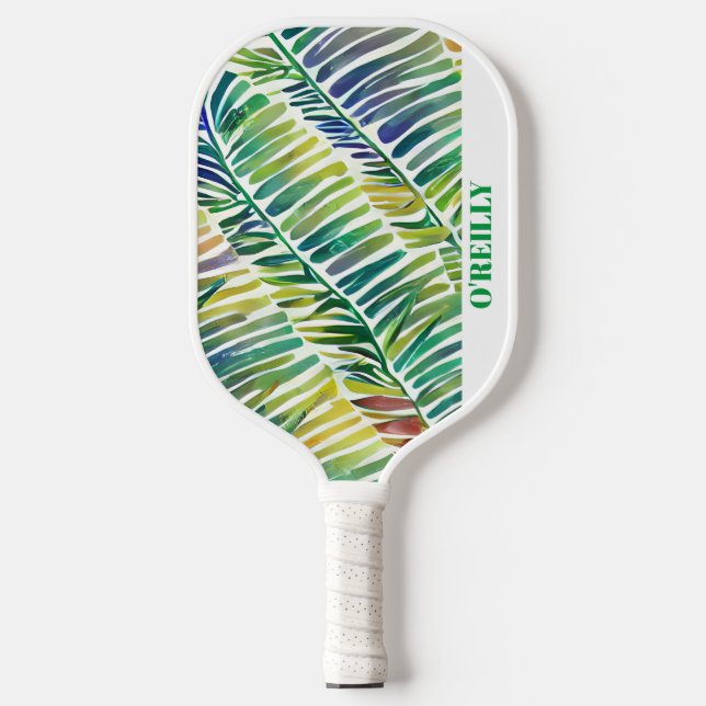 White Abstract Watercolor Leaves Modern Monogram Pickleball Paddle (Front)