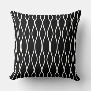 White Abstract Wavy Geometric Pattern on Black Cushion