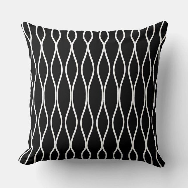 White Abstract Wavy Geometric Pattern on Black Cushion (Front)