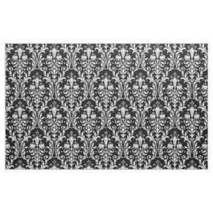 White Acanthus Damask On Black Fabric