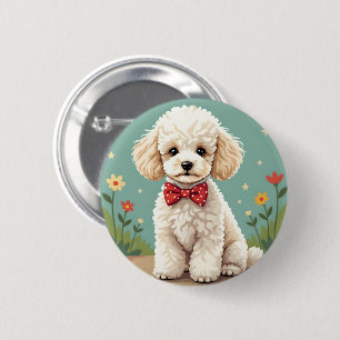 White adorable poodle with bow tie 6 cm round badge