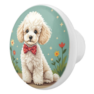 White adorable poodle with bow tie ceramic knob
