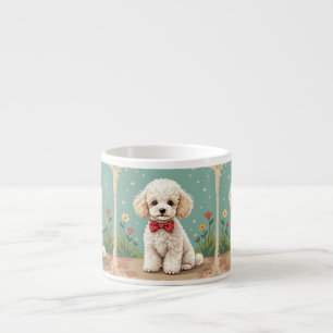 White adorable poodle with bow tie espresso cup