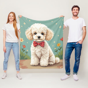 White adorable poodle with bow tie fleece blanket