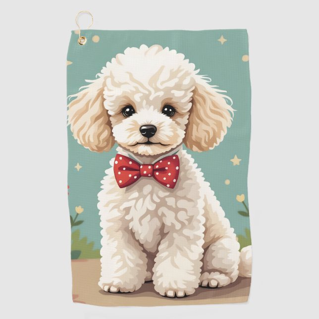 White adorable poodle with bow tie golf towel (Front)