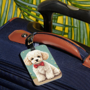 White adorable poodle with bow tie luggage tag