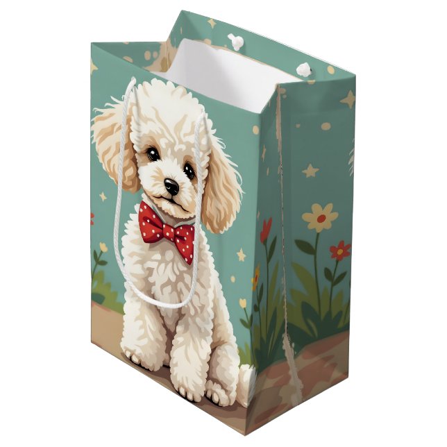 White adorable poodle with bow tie medium gift bag (Front Angled)