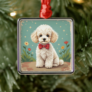 White adorable poodle with bow tie metal tree decoration