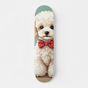 White adorable poodle with bow tie skateboard