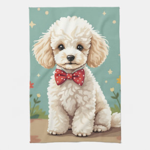 White adorable poodle with bow tie tea towel