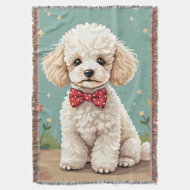 White adorable poodle with bow tie throw blanket (Front Vertical)