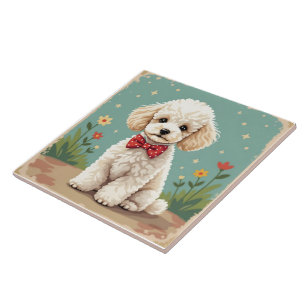 White adorable poodle with bow tie tile