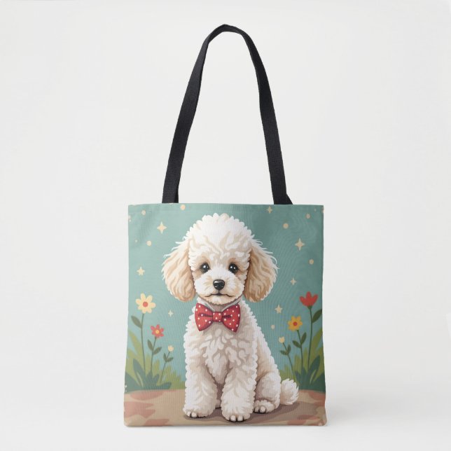 White adorable poodle with bow tie tote bag (Front)