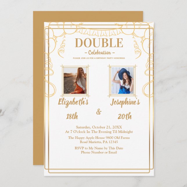 White Adult Joint Birthday Party  2 Photo Invitation (Front/Back)