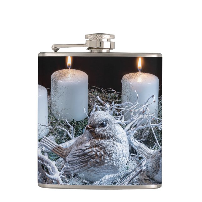 White Advent Wreath Hip Flask (Front)