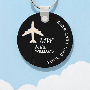 White Aeroplane on black keychain with name