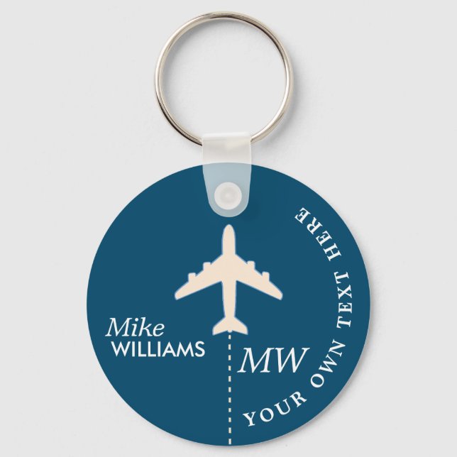 White Aeroplane on Blue Keychain with Name (Front)