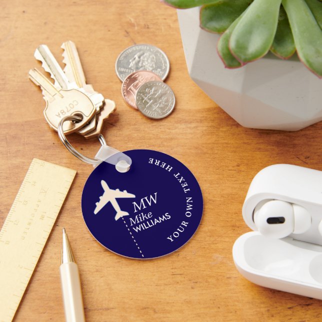 White Aeroplane with Name dark-blue Key Ring (Desk)