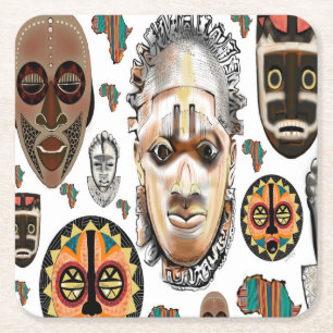White African mask pattern Square Paper Coaster