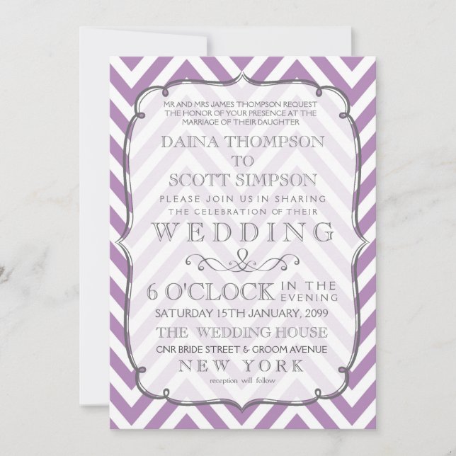 White & African Violet Chevron Stripes Wedding Invitation (Front)