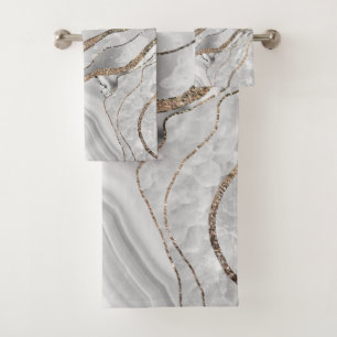 White Agate Gold Glitter Glam #1 (Faux Glitter)  Bath Towel Set