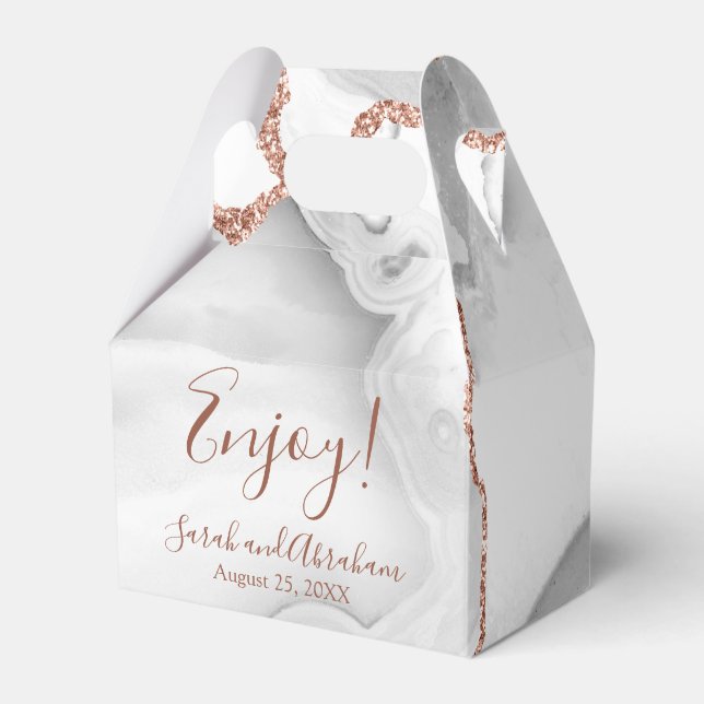 White Agate Rose Gold Glitter Wedding Favour Boxes (Front Side)