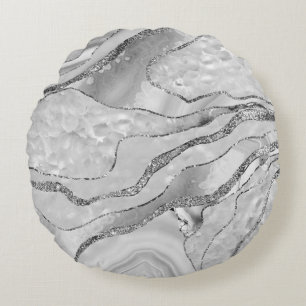 White Agate Silver Glitter Glam #1 (Faux Glitter)  Round Cushion