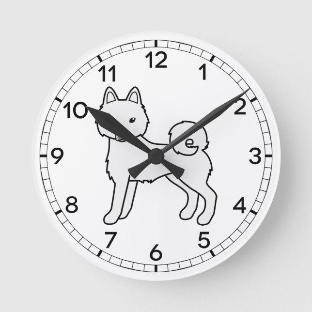 White Alaskan Klee Kai Cute Cartoon Dog Round Clock (Front)