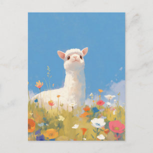 White Alpaca in Colourful Wildflower Meadow Postcard