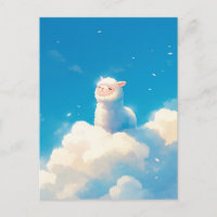 White Alpaca Sitting on Puffy Cloud Blue Sky