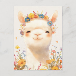 White Alpaca with Colorful Wildflower Crown Postcard