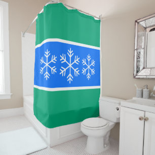White Alpine Snowflakes Bright Blue Green Stripes Shower Curtain