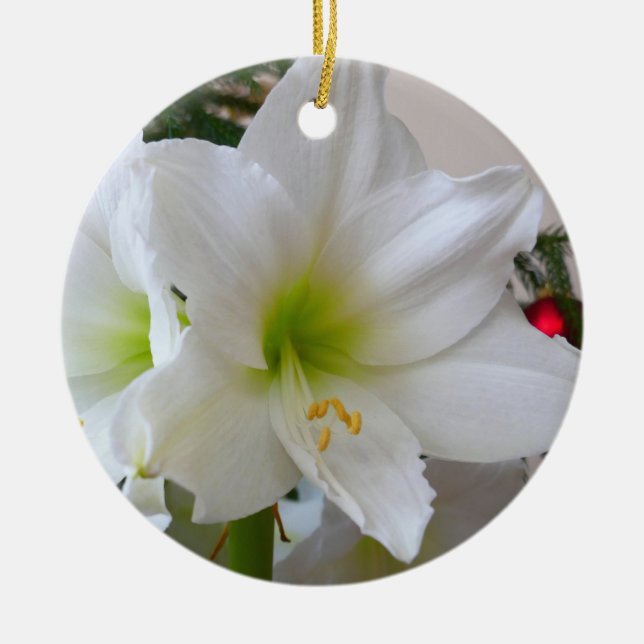 White Amaryllis and Christmas Tree Ceramic Tree Decoration (Front)