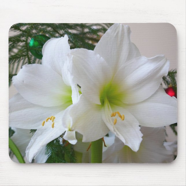 White Amaryllis and Christmas Tree Mouse Mat (Front)