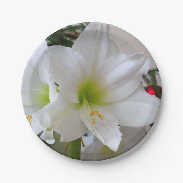 White Amaryllis and Christmas Tree Paper Plate (Front)