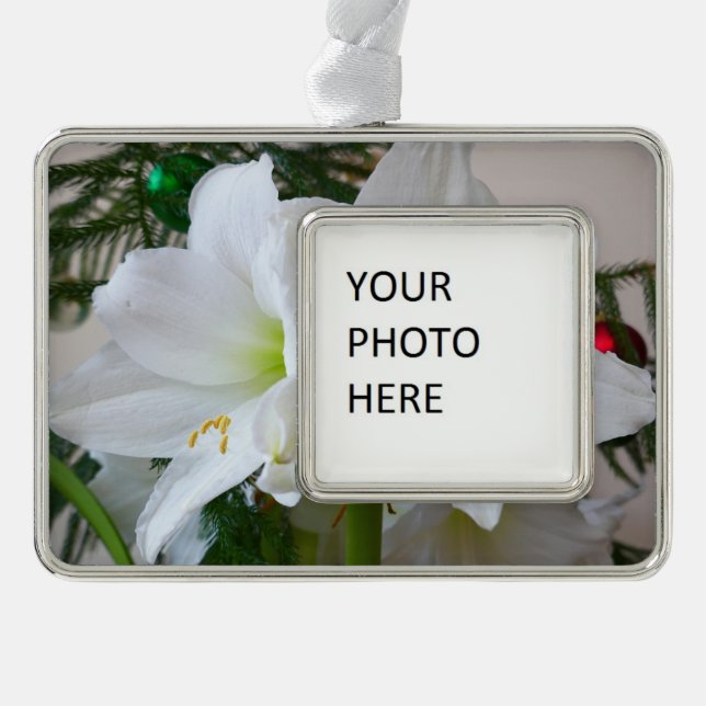 White Amaryllis and Christmas Tree Silver Plated Framed Ornament (Front)