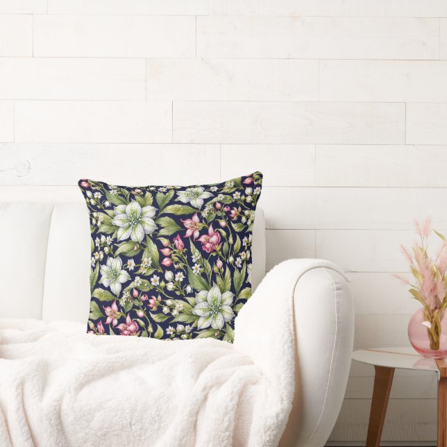 White Amaryllis and Pinks on Navy Cushion (Couch)